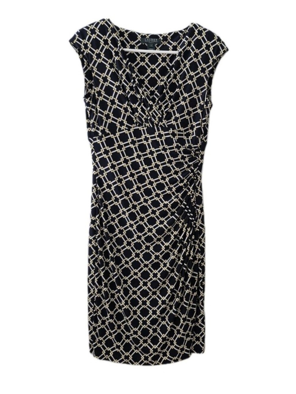 Lauren Ralph Lauren Ruched Sheath Dress Faux Wrap V-Neck Black Chain Print Sz 4